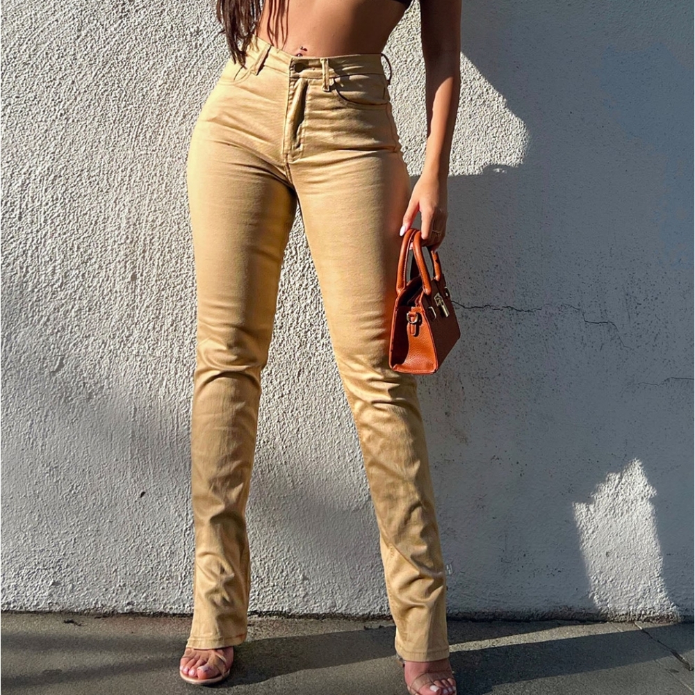 Khaki side slit stretch denim